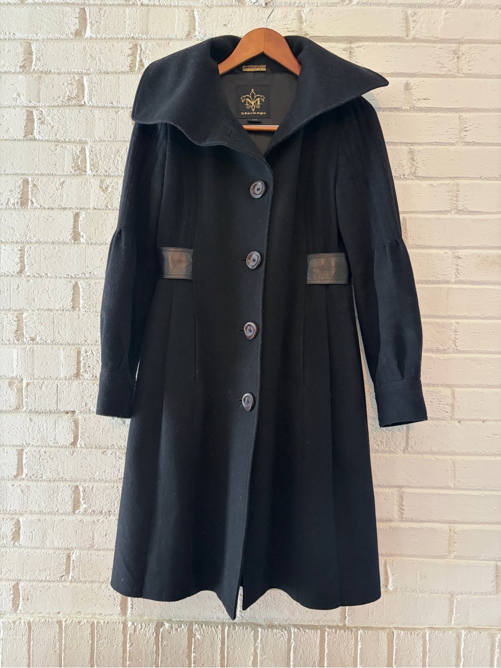 Mackage Black Long Wool Princess Coat with Leather accents